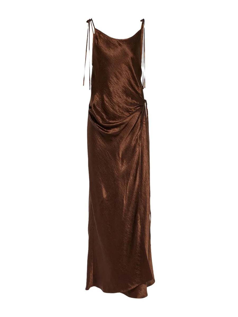 Satin Midi Dress Brown