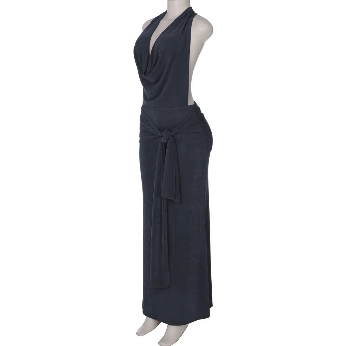 Sexy Backless Lace Up Halter Deep V Plunge Formal Dress
