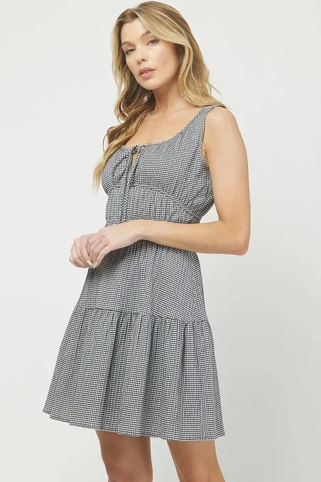 Sleeveless Gingham Mini Dress, Black/White