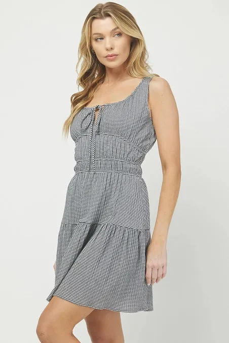 Sleeveless Gingham Mini Dress, Black/White