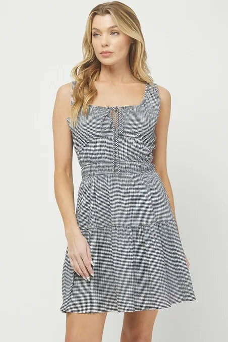 Sleeveless Gingham Mini Dress, Black/White