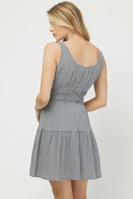 Sleeveless Gingham Mini Dress, Black/White