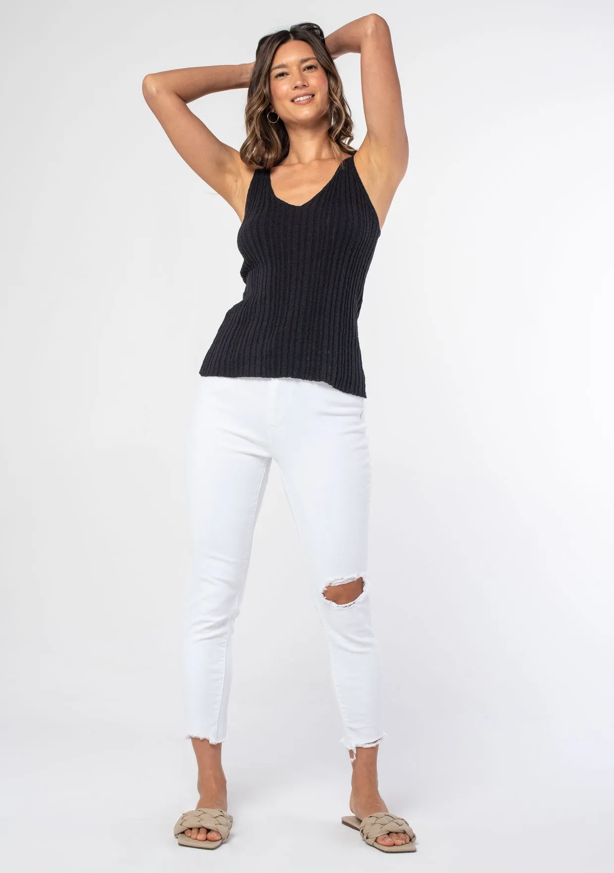 Sweater Knit Ribbed V Neck Tank Top