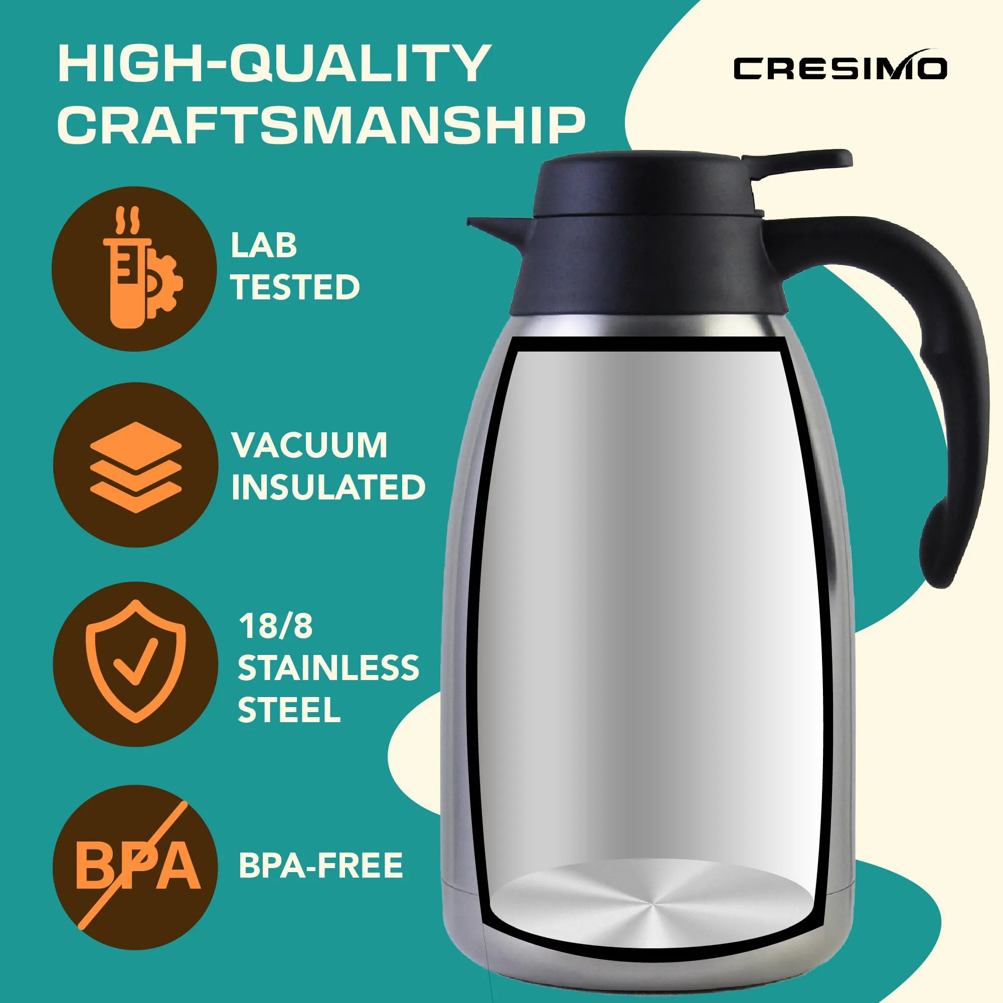 Thermal Coffee Carafe 68 oz 2 Liters 24 Hours Hot Beverage Dispenser Stainless