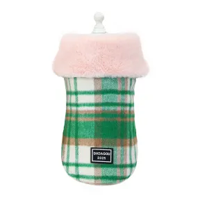 Toby's Designer Wool blend Plaid PeaCoat With Pink Faux Fur Collar