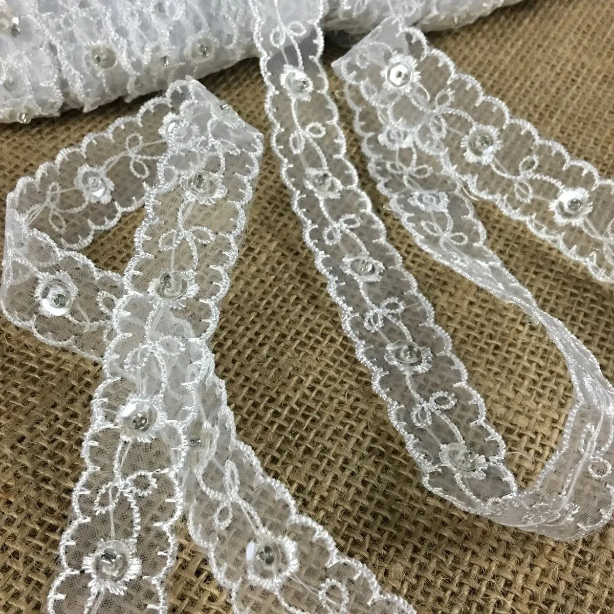 Trim Lace Embroidered Hand Beaded Double Border Organza Ground, 1" Wide, White, Multi-use Bridal Veil Communion Christening Baptism Dress Cape