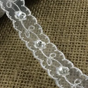 Trim Lace Embroidered Hand Beaded Double Border Organza Ground, 1" Wide, White, Multi-use Bridal Veil Communion Christening Baptism Dress Cape