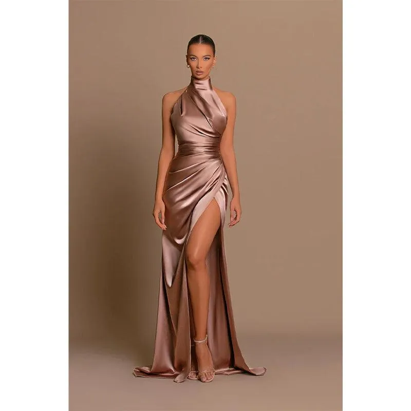 Unique High Neckline Pleats High Split Long Prom Formal Dress