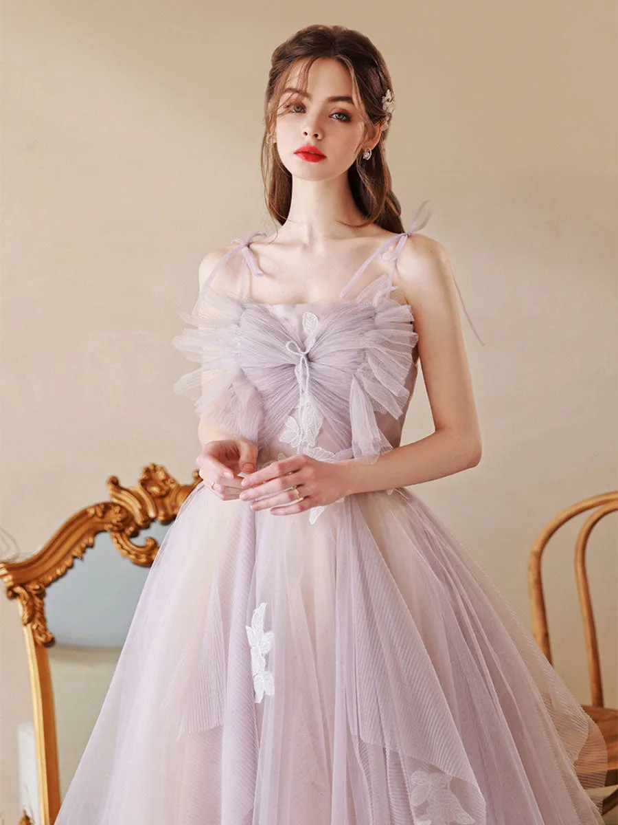 Unique Tulle Lace A line Long  Light Purple Prom Dresses,  Tulle Formal Graduation Dresses