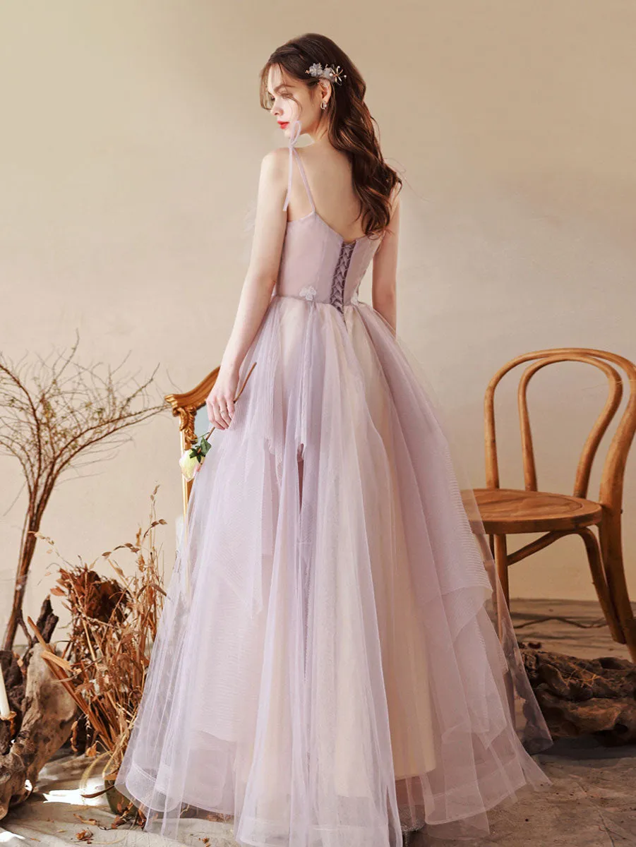 Unique Tulle Lace A line Long  Light Purple Prom Dresses,  Tulle Formal Graduation Dresses