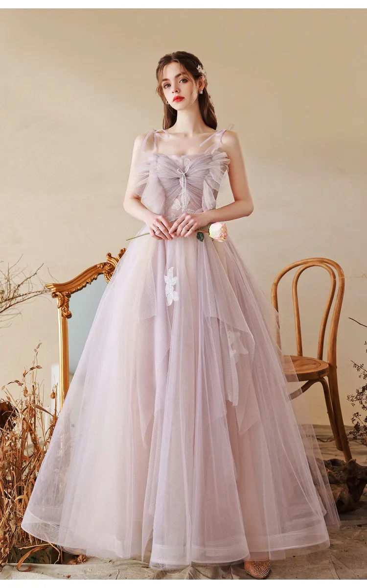 Unique Tulle Lace A line Long  Light Purple Prom Dresses,  Tulle Formal Graduation Dresses