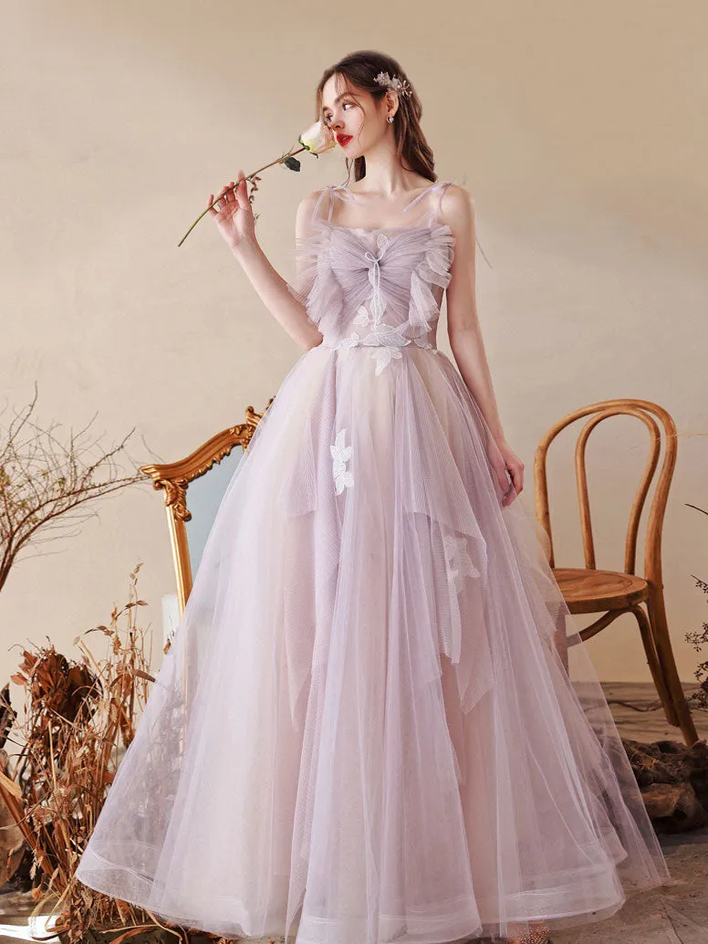 Unique Tulle Lace A line Long  Light Purple Prom Dresses,  Tulle Formal Graduation Dresses