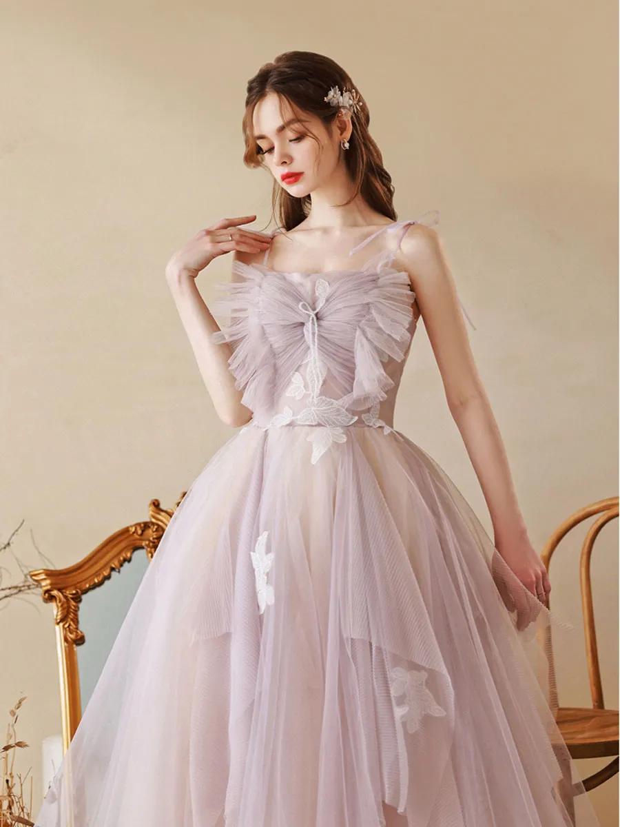 Unique Tulle Lace A line Long  Light Purple Prom Dresses,  Tulle Formal Graduation Dresses
