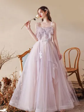 Unique Tulle Lace A line Long  Light Purple Prom Dresses,  Tulle Formal Graduation Dresses