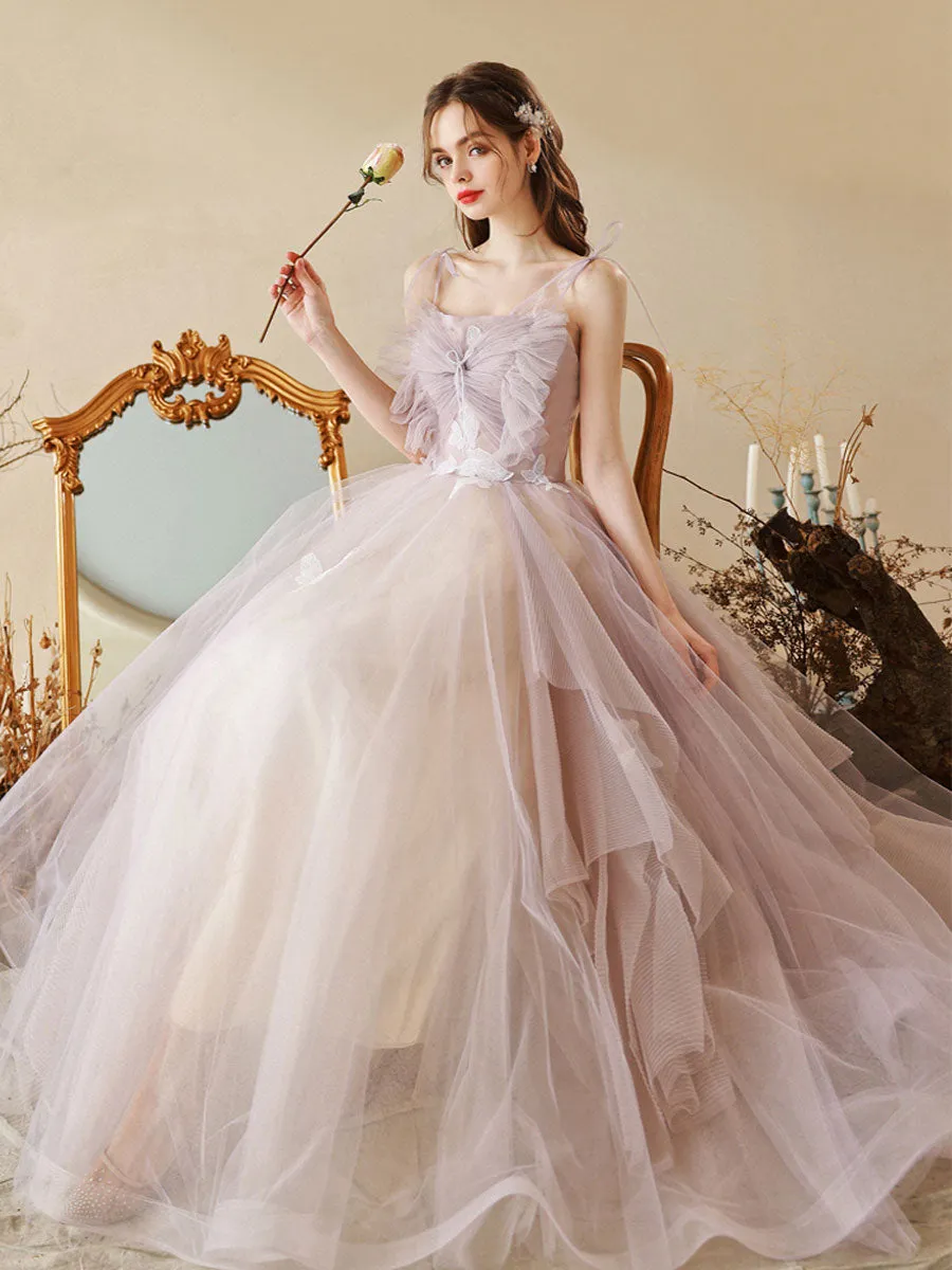Unique Tulle Lace A line Long  Light Purple Prom Dresses,  Tulle Formal Graduation Dresses