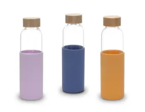 Urbane Home Water Bottle | Glass Bottle | Sleeve Protection Bottle | Bamboo Lid Water Bottle | Travel Round Bottle | 550 ML | Set of 3 | Multicolor