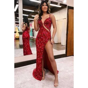 V-Neck Cut Outs Sequins Appliqued Sheath Long Prom Gown With Slit