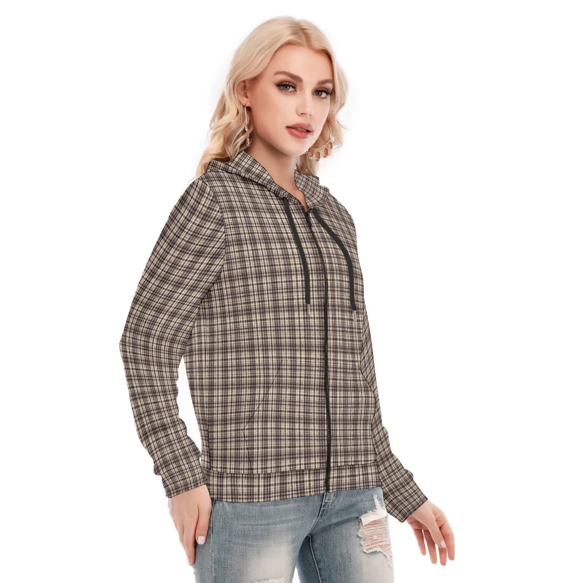 Vampire Art Dark Academia Cream & Black Tartan Women's Hoodie With Zipper
