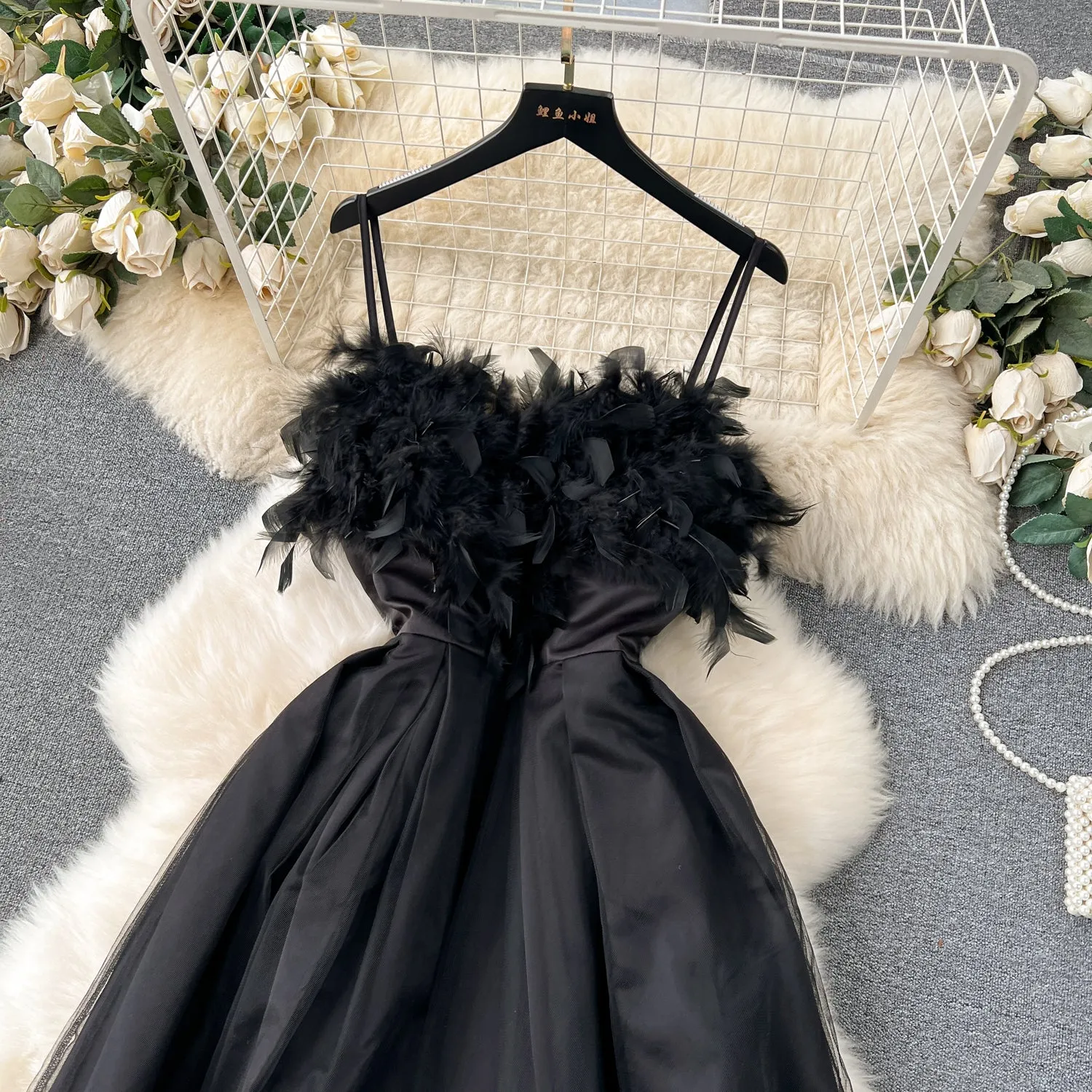Vintage Feather Mesh Patchwork Slip Dress