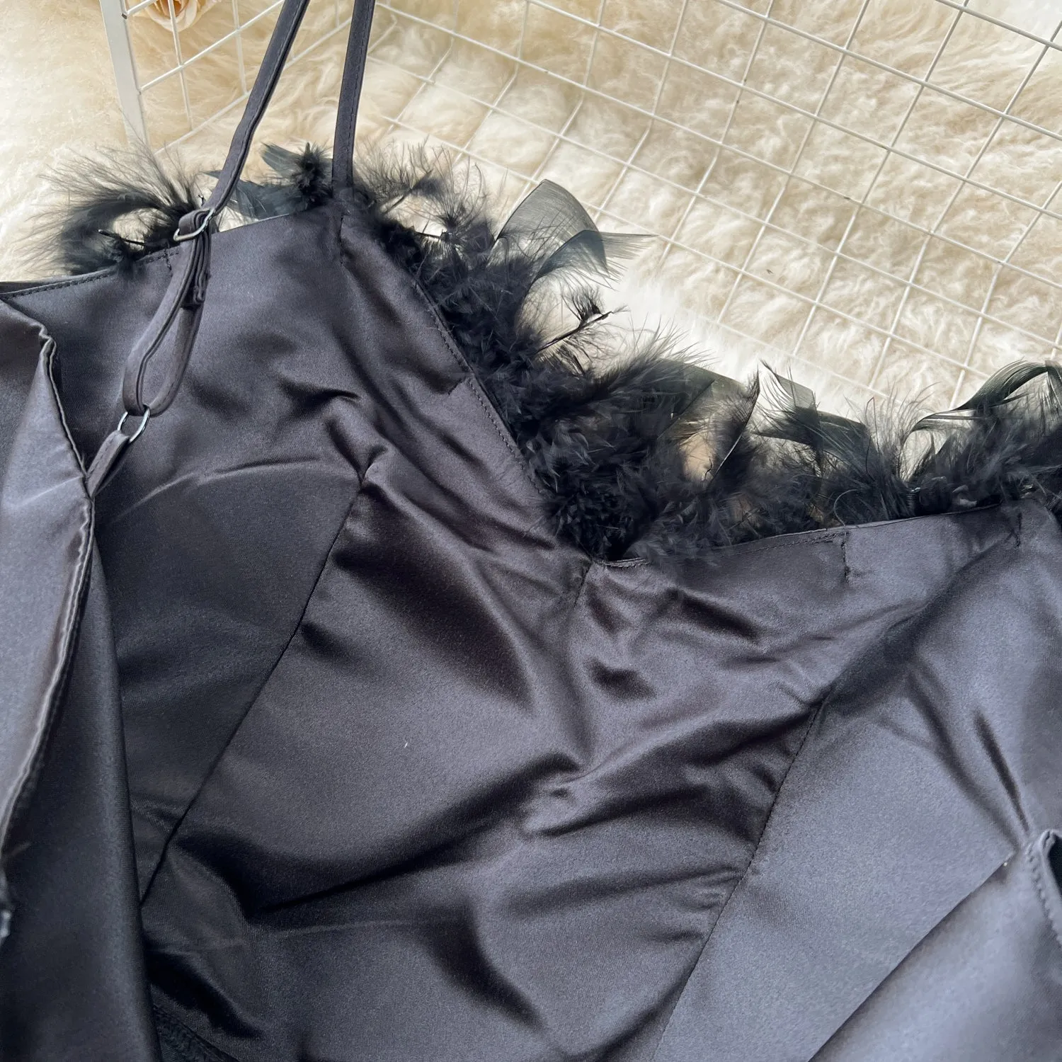 Vintage Feather Mesh Patchwork Slip Dress