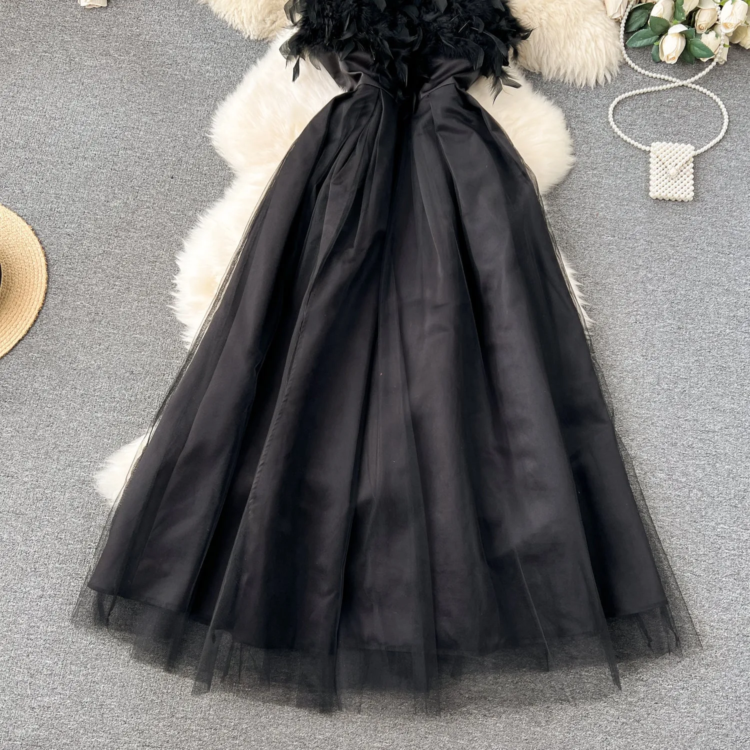Vintage Feather Mesh Patchwork Slip Dress