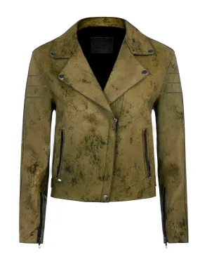 Women Marbled Leather Biker Jacket in Earthy Brown