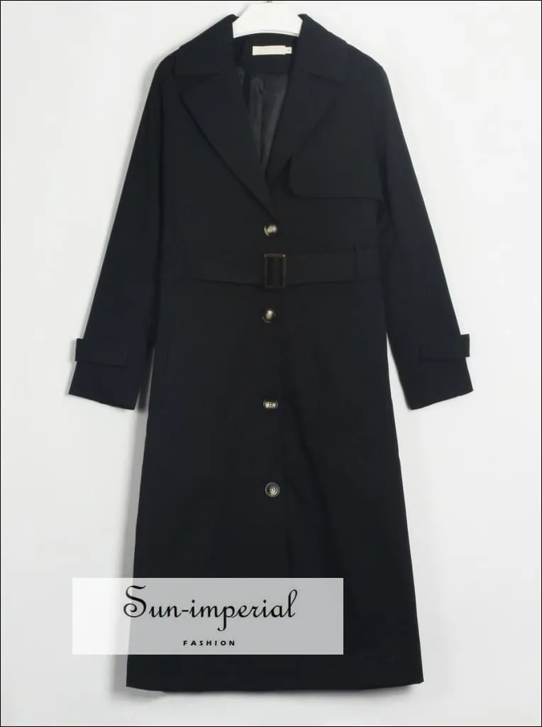 Womens Black Buttoned Maxi Trench Coat Windbreaker Jacket with Long Sleeve and Belt detail