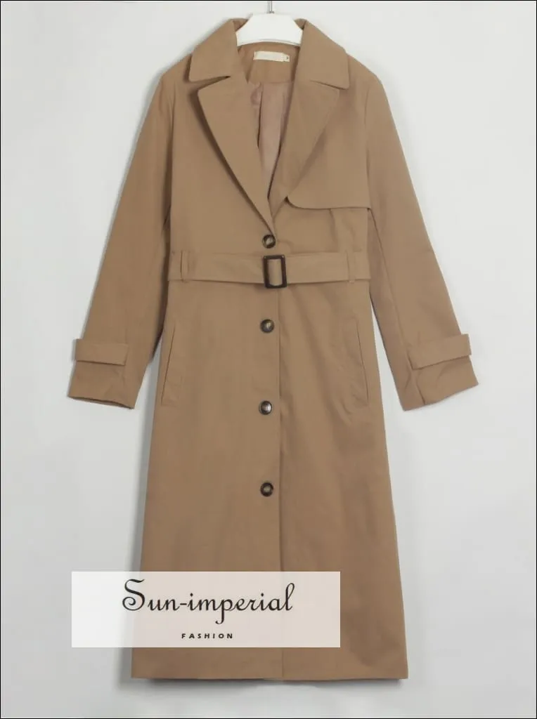 Womens Black Buttoned Maxi Trench Coat Windbreaker Jacket with Long Sleeve and Belt detail