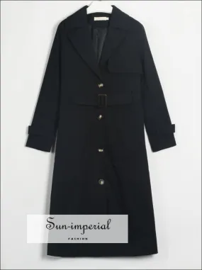 Womens Black Buttoned Maxi Trench Coat Windbreaker Jacket with Long Sleeve and Belt detail