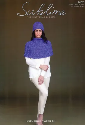 Womens Cape and Matching Hat in Sublime Luxurious Tweed DK (6102)