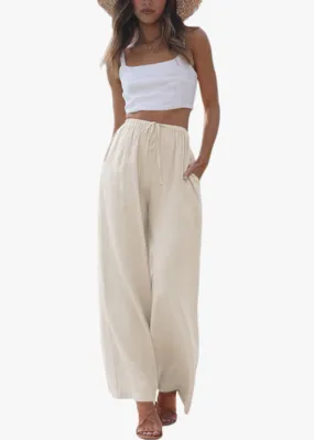 Women's Cotton Linen Summer Palazzo Pants Flowy Wide Leg Beach Trousers with Pockets (Apricot)