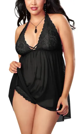 Women's Halter Lace Babydoll Lingerie with Lace Panty (Plus Size)(Gift Wrapped)(Black)