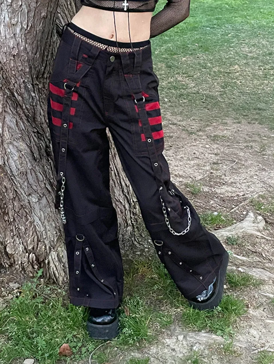 Women's Spring/Autumn Gothic Chain Bandage Wide Leg Pants/Trousers