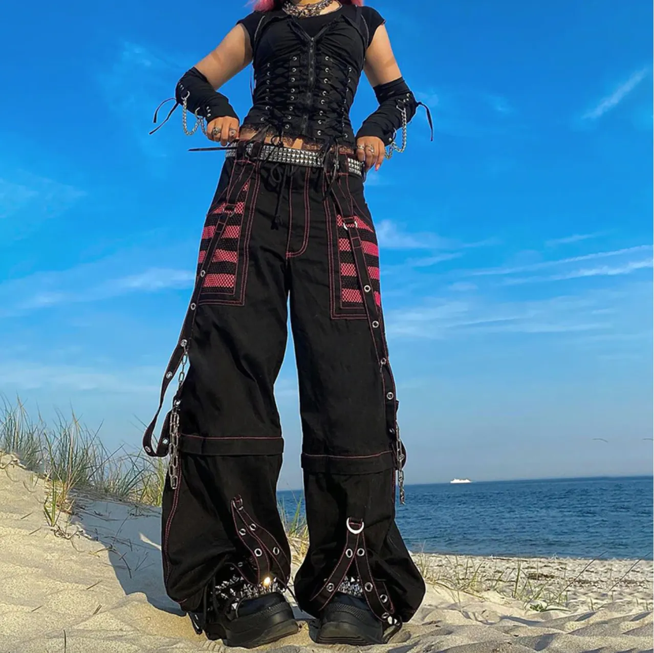 Women's Spring/Autumn Gothic Chain Bandage Wide Leg Pants/Trousers