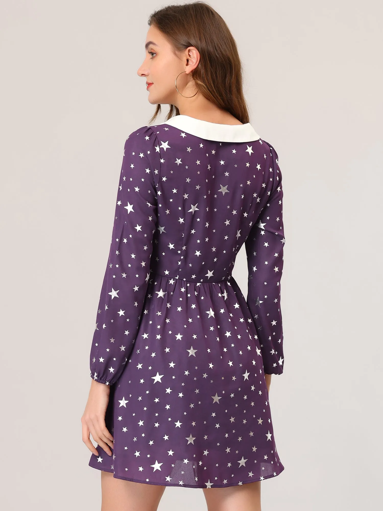 Women's Star Printed Long Sleeve Metallic Party A-Line Peter Pan Collar Mini Dress