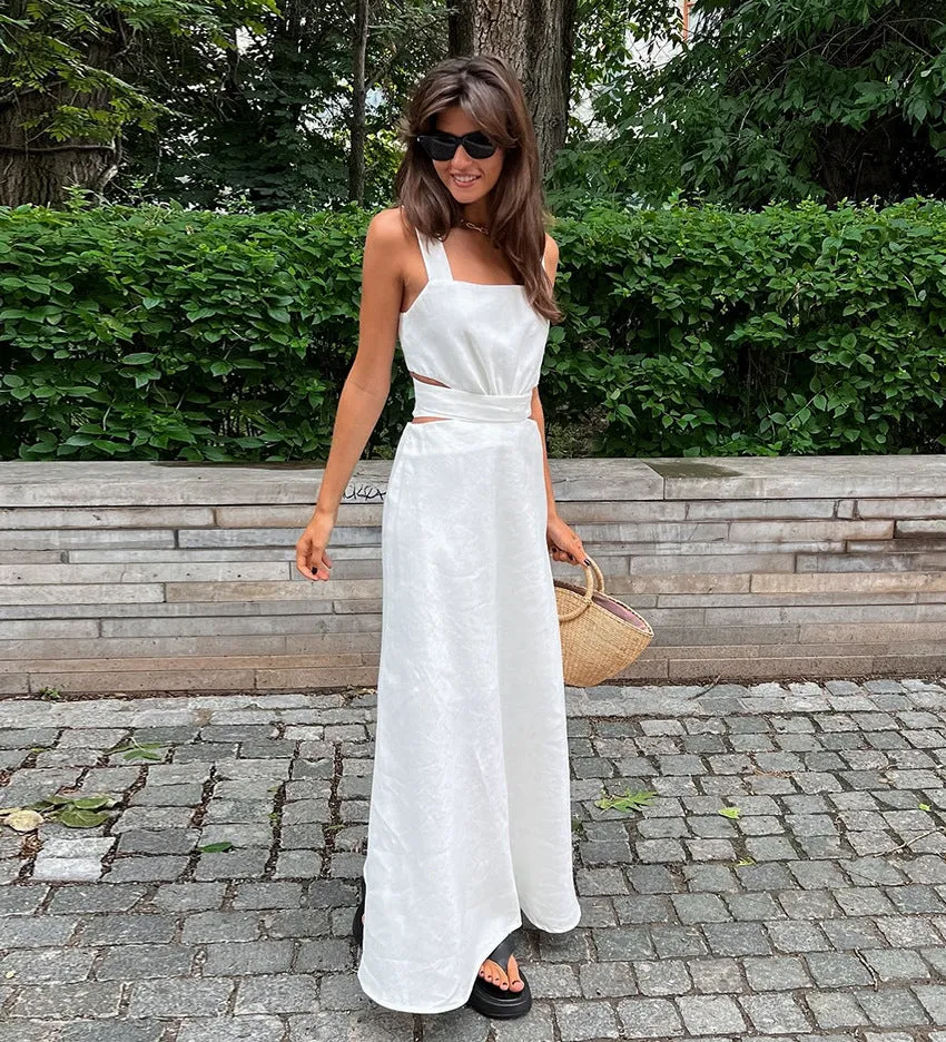 Women's Summer Cotton Linen Square Neck Spaghetti Strap Dress