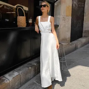 Women's Summer Cotton Linen Square Neck Spaghetti Strap Dress