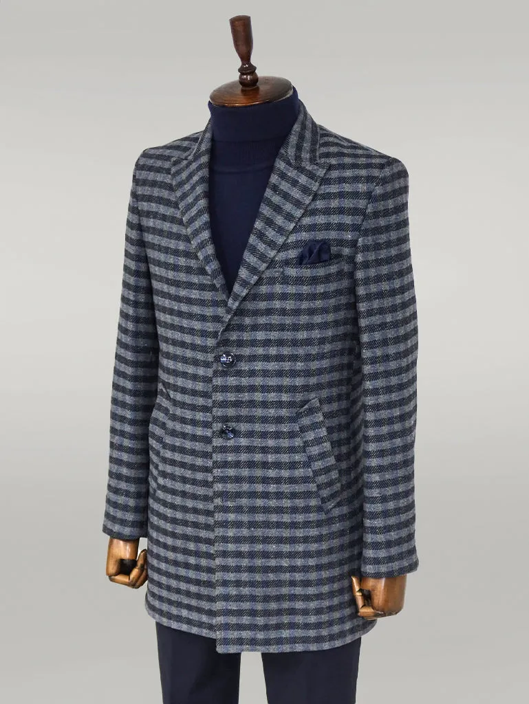 WSS Cachet Plaid Wide Lapel Slim Fit Navy Blue Men Coat  - Singen