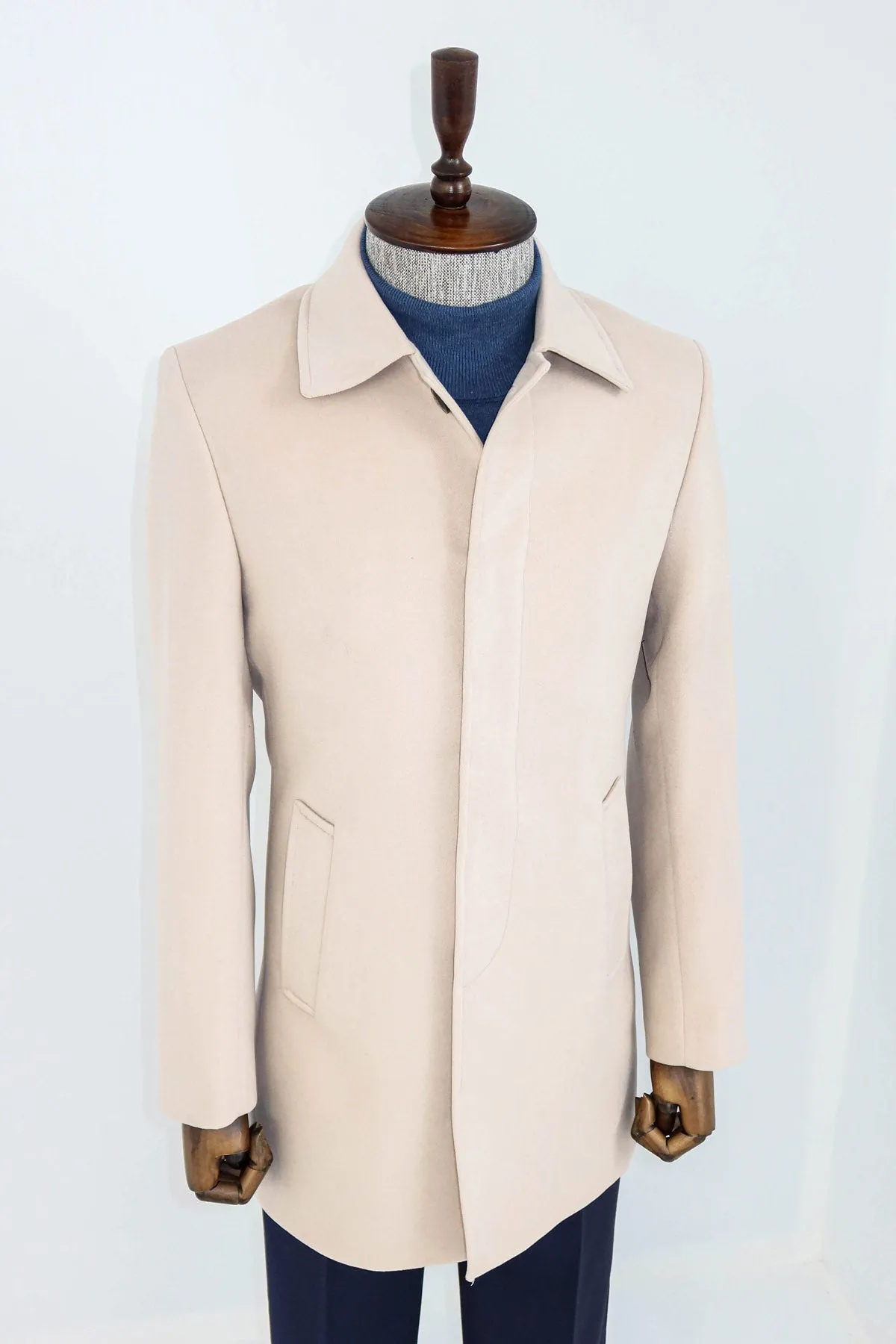 WSS Plain Hidden Button Beige Men Coat  - Singen