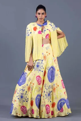 Yellow Lettuce Leaf Bralette, Cape & Lehenga Set