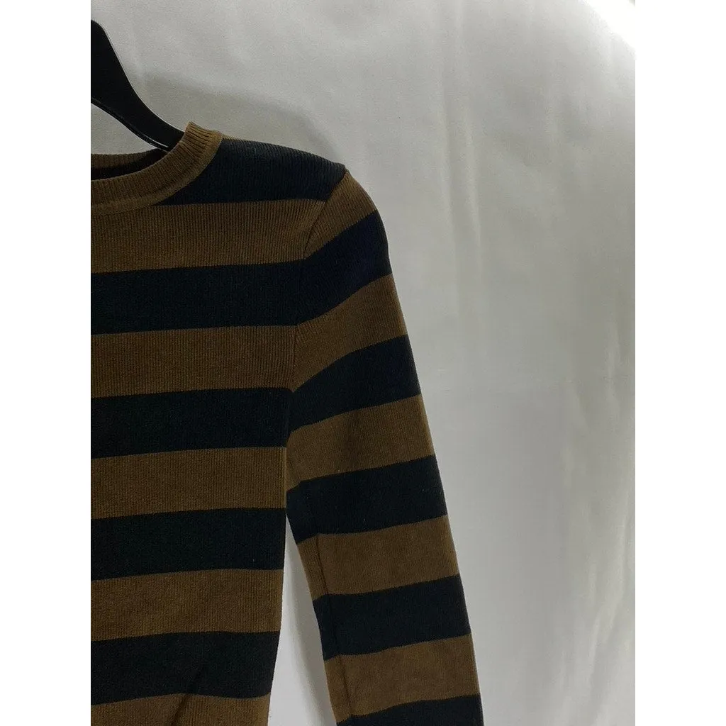 ZARA Women's Black/Brown Striped Knit Crewneck Long Sleeve Crop Top SZ S