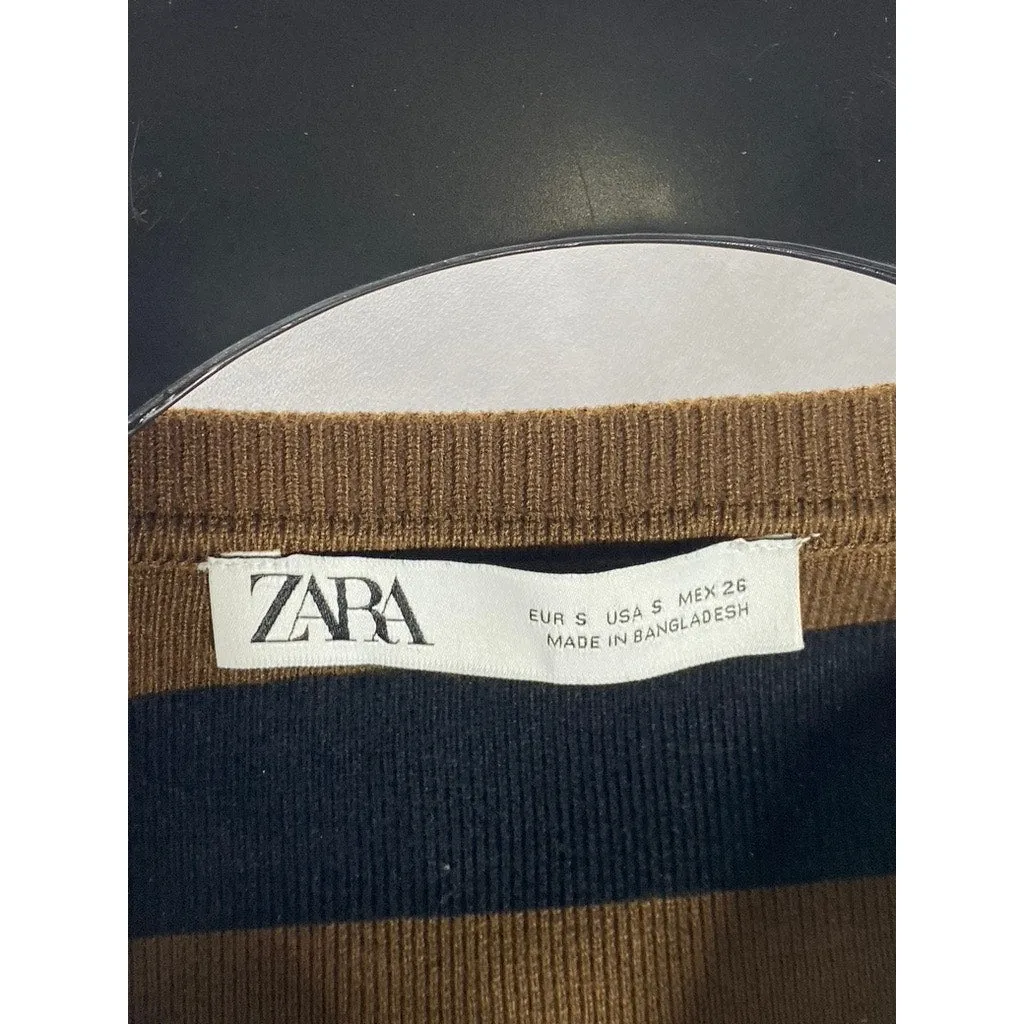 ZARA Women's Black/Brown Striped Knit Crewneck Long Sleeve Crop Top SZ S