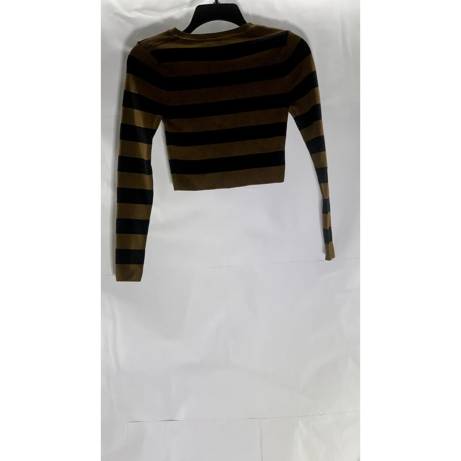 ZARA Women's Black/Brown Striped Knit Crewneck Long Sleeve Crop Top SZ S