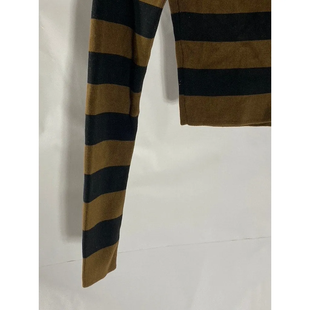 ZARA Women's Black/Brown Striped Knit Crewneck Long Sleeve Crop Top SZ S