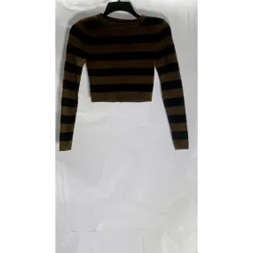 ZARA Women's Black/Brown Striped Knit Crewneck Long Sleeve Crop Top SZ S