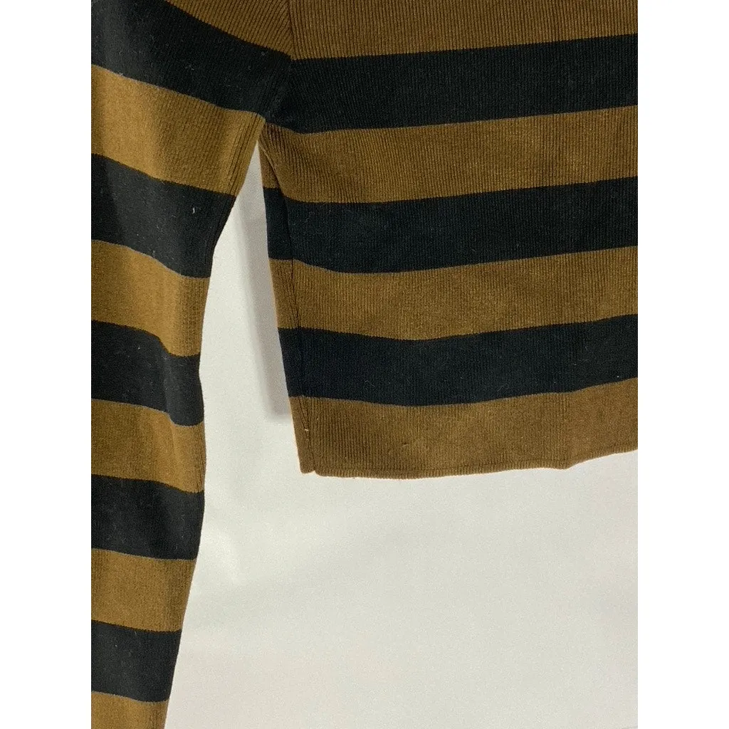 ZARA Women's Black/Brown Striped Knit Crewneck Long Sleeve Crop Top SZ S