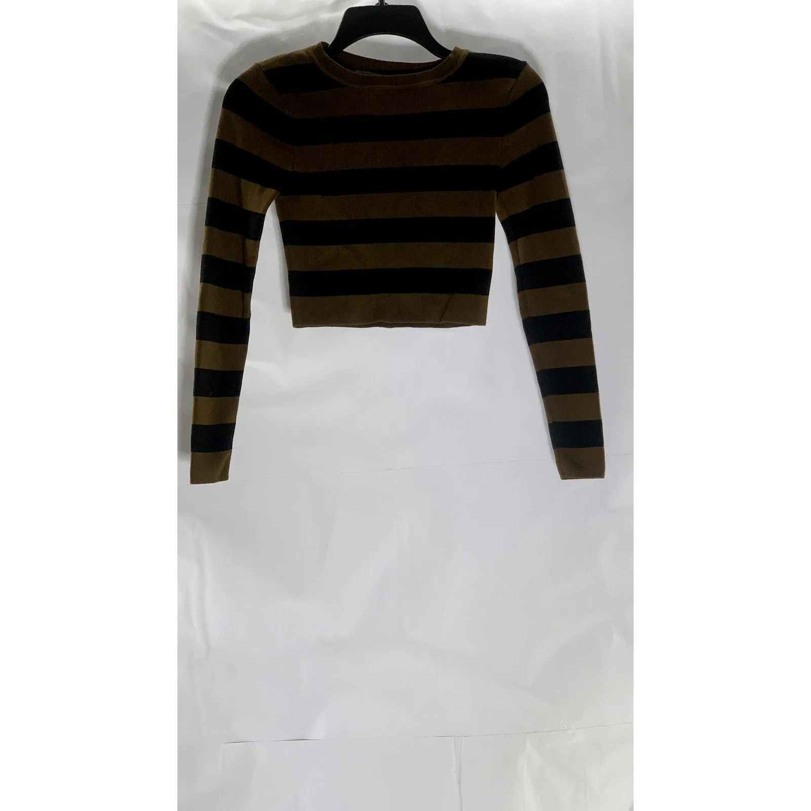 ZARA Women's Black/Brown Striped Knit Crewneck Long Sleeve Crop Top SZ S